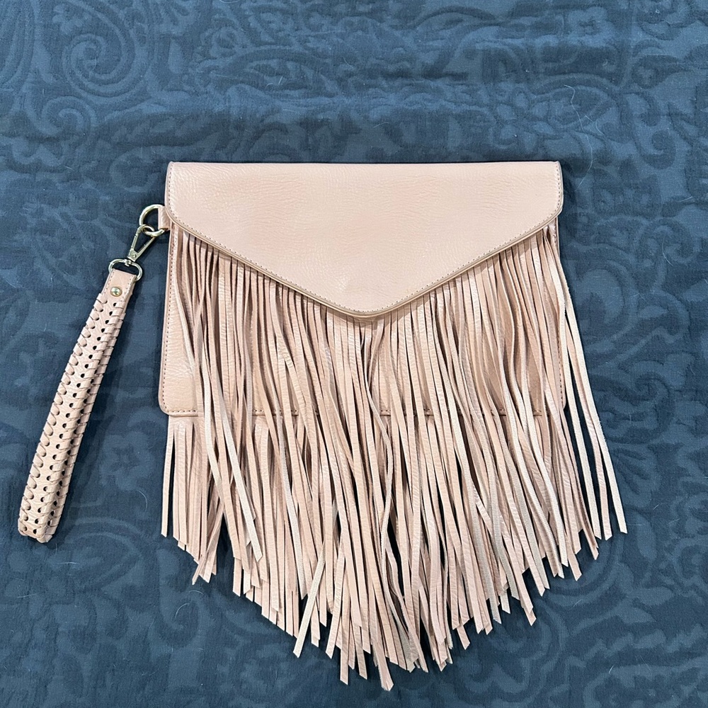 Soft pink fringe clutch
